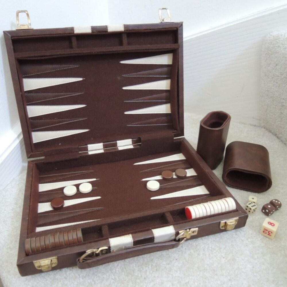 Backgammon Game - Classic Board Game in Leatherette Briefcase Vtg 70s